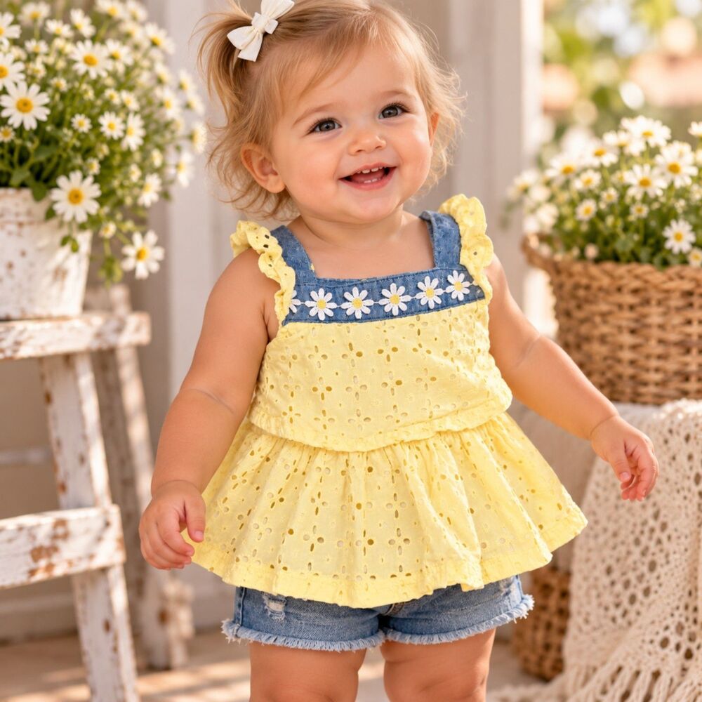 Little Lass Baby Girls 12M Yellow Eyelet Top Denim Daisy Floral Summer Shirt